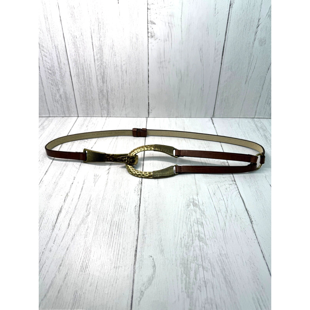 Chico's Hammered Brass Brown Leather Adjustable Belt Artsy Boho Small Medium - Picture 11 of 14